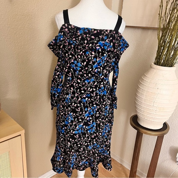 SALONI Silk Floral Ruffled Dress Off the Shoulder Size 8 - Picture 2 of 11